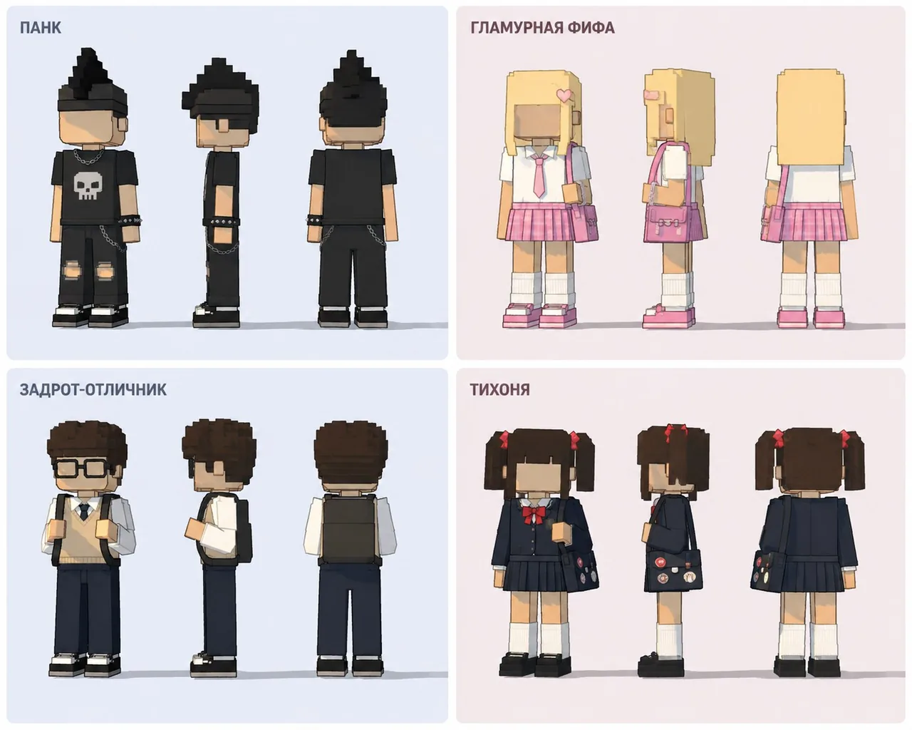 A ChatGPT sheet, morning of August 24: the punk, the glam girl, the straight-A student, the quiet one