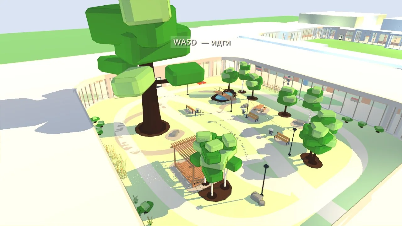 The yard from above: the oak, the ring of paths, the pond