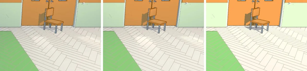 Three versions of one corner: as it was, lamps in steps, plus a hard edge