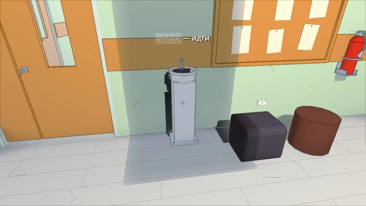 Testing a decal by the drinking fountain: the patch landed on the floor and the wall at once, but as a rectangle