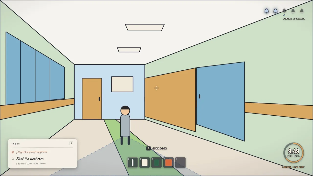A game frame on the canvas: attention bells, tasks on a scrap of paper, a backpack with five slots