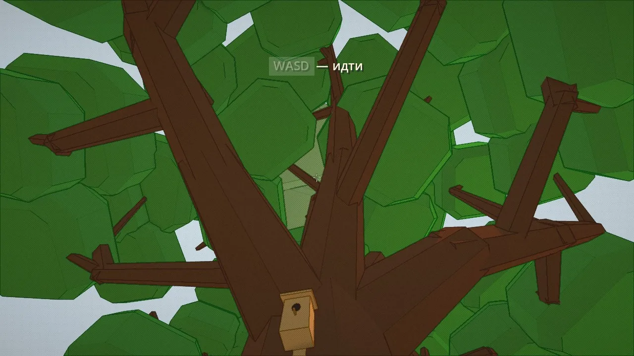 The new oak from below: the fork, boughs bent at the knee, the birdhouse