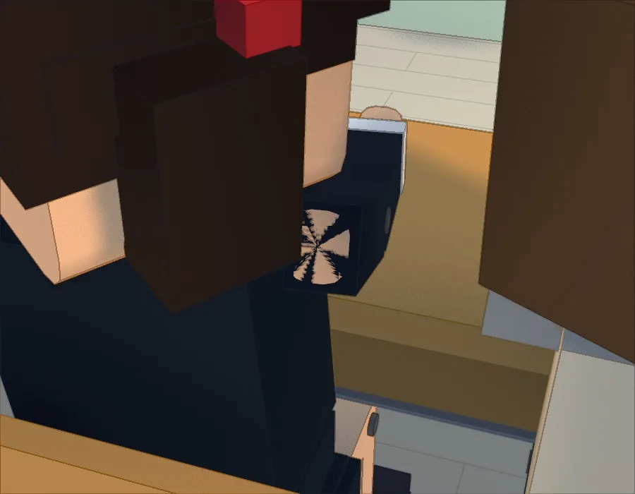 A glitch: a "pinwheel" spinning on the shoulder of the seated quiet girl