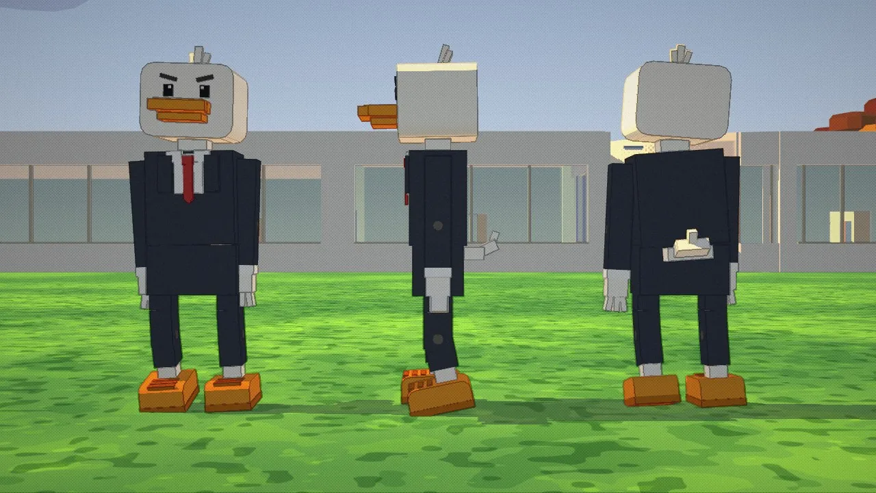 The first duck deputy head: three views, suit, tie, tuft