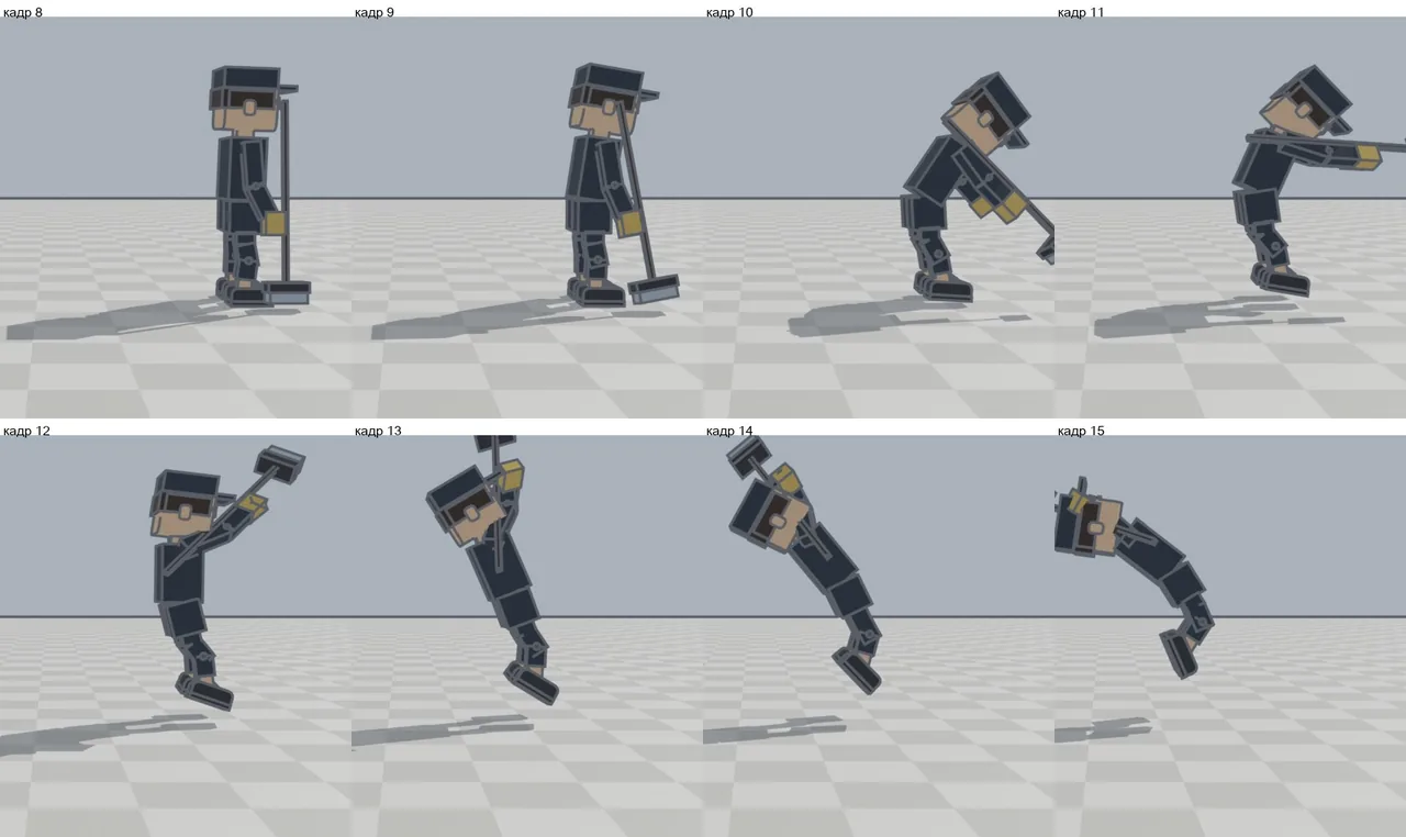 "Hit": the janitor folds up from the impact and flies off backward