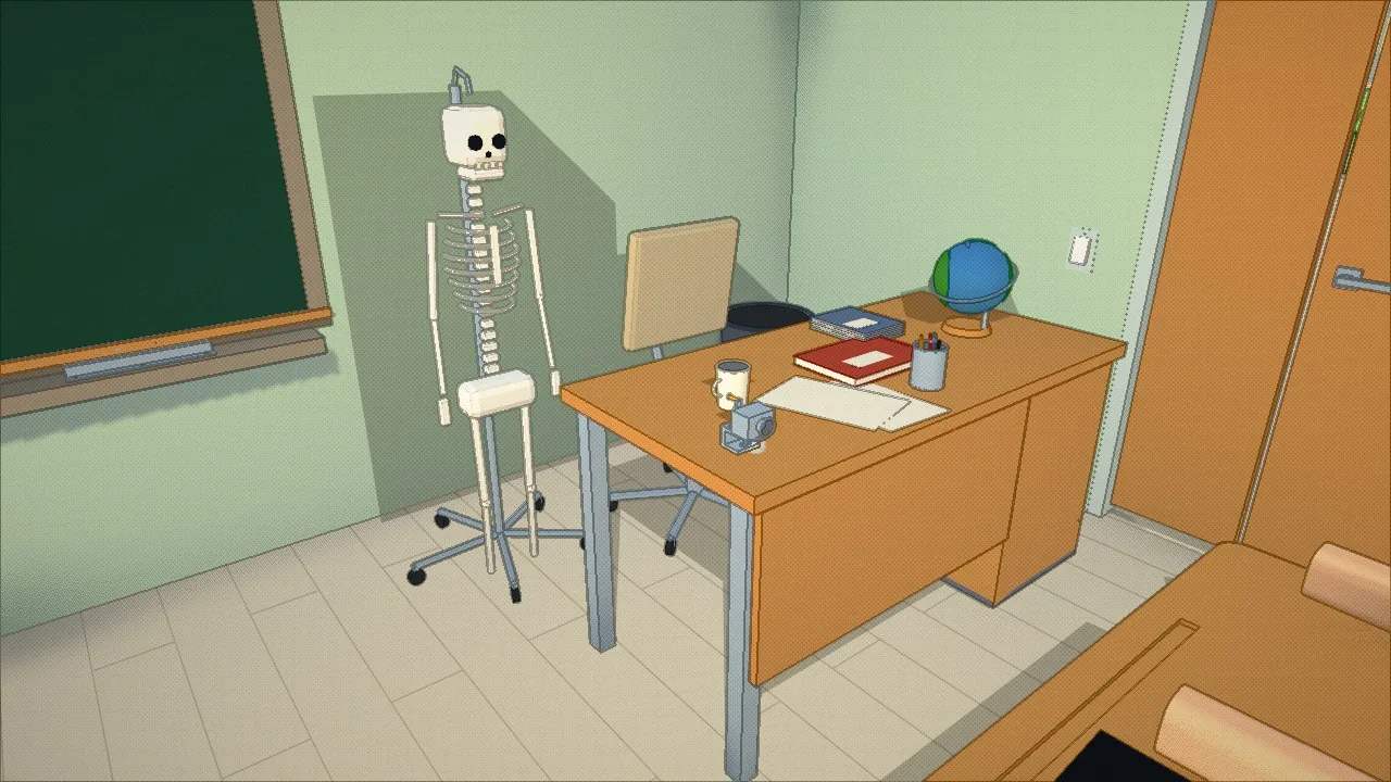 The skeleton on wheels and the teacher's chair on wheels, both roll now