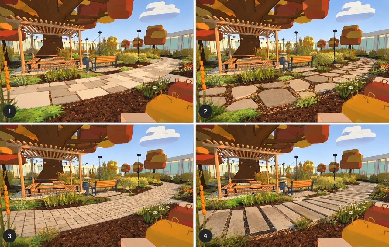 September 23, a ChatGPT image: four kinds of paths on a shot of the yard