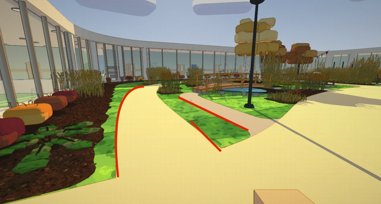 I marked in red where to plant narrow strips along the paths