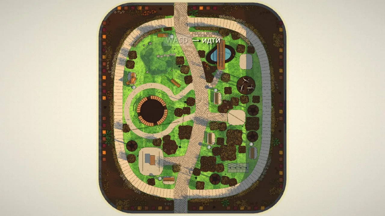 The yard from above: paving stones along the axis, slabs around the ring, gravel around the oak, a pond with a little bridge