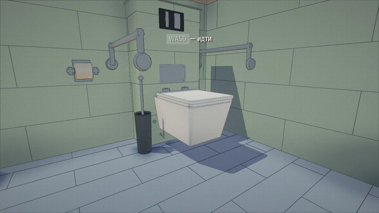 A wall-hung toilet from Blender: a flush button in the tiles, a brush, a roll