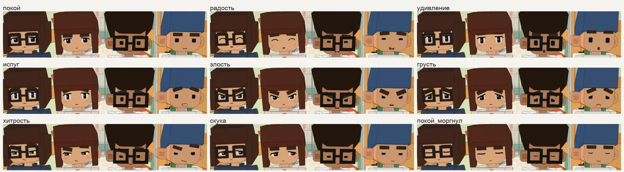 The same emotions in the game, the last frame is a blink