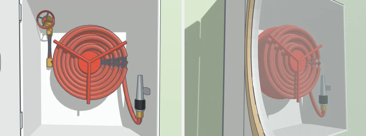The hose in one line from the valve to the nozzle, and on the right the same hose through the little window in the door