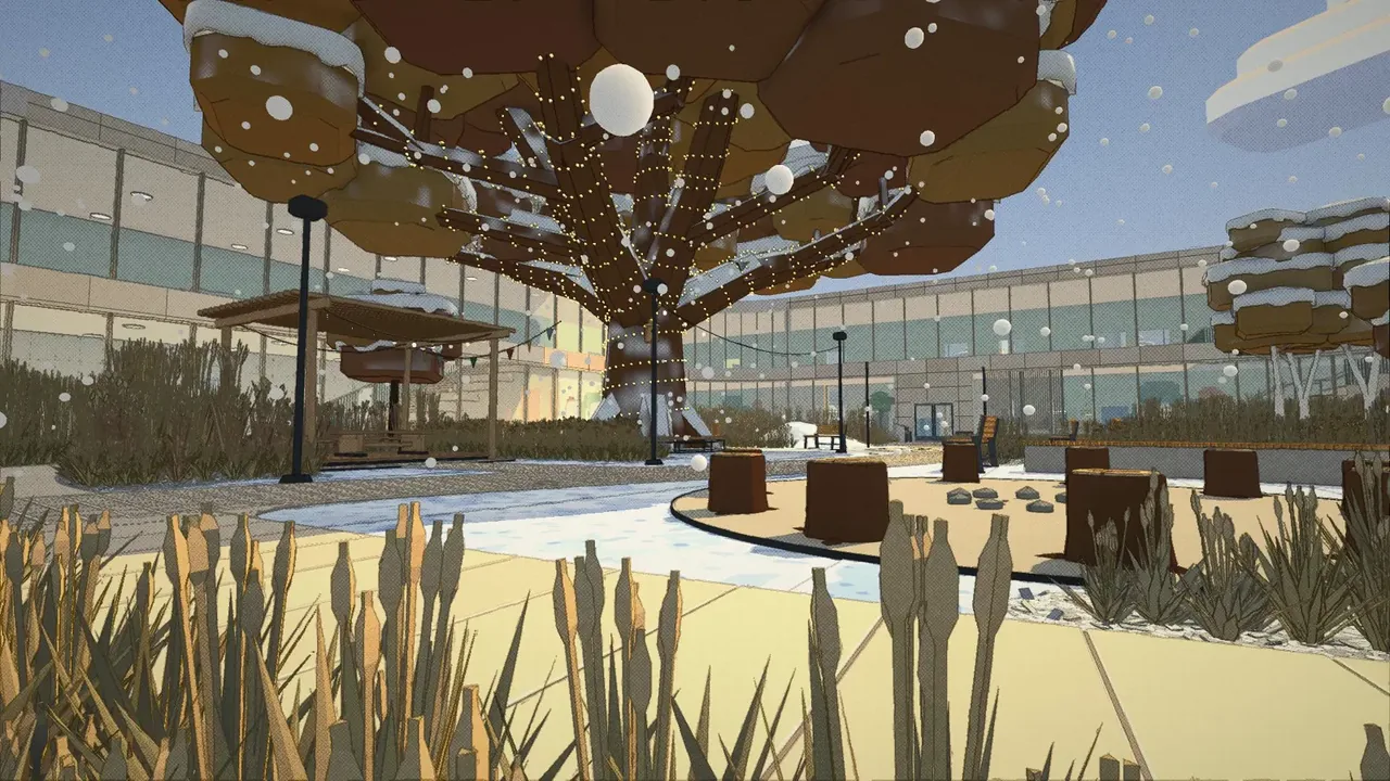 The winter yard from the trailer: the oak in fairy lights, snow