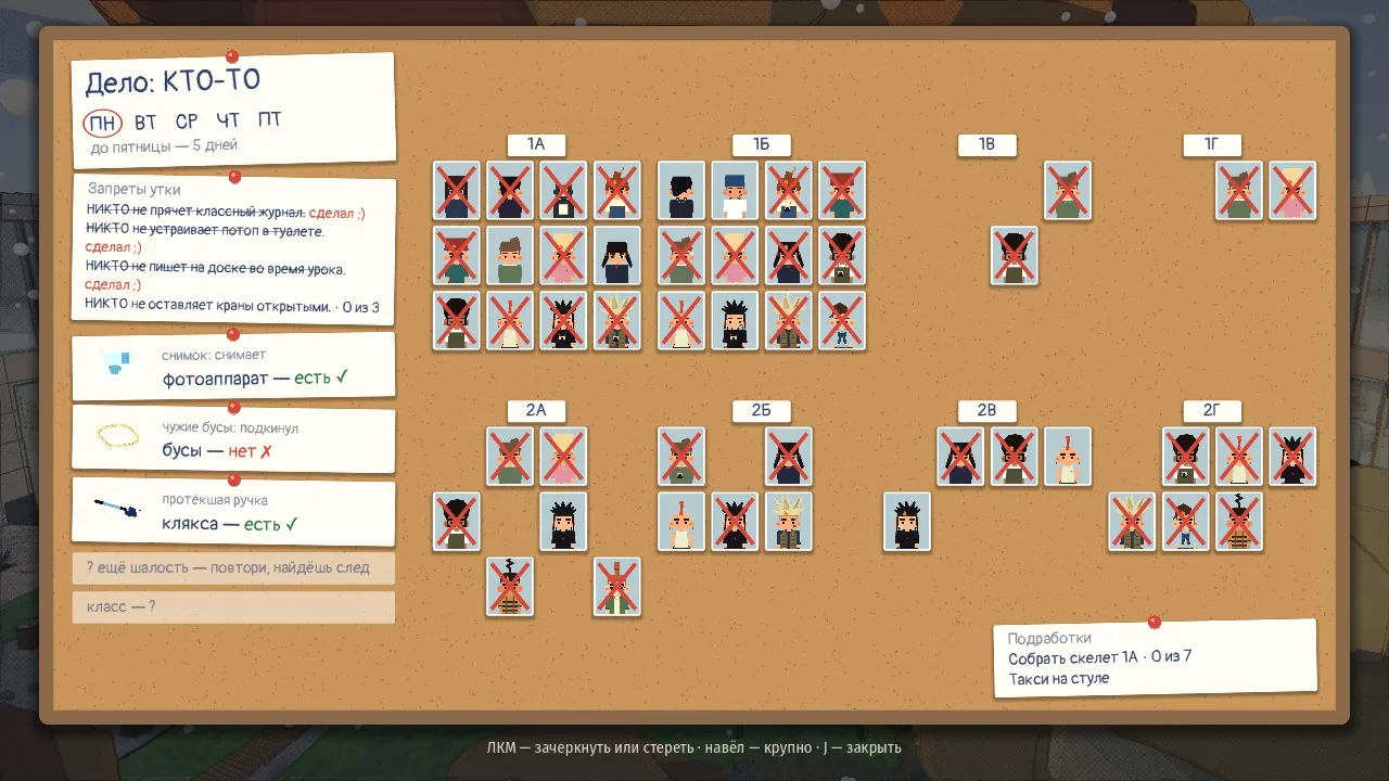 The investigation board: the Duck's bans, "yes" and "no" clues, photos with crosses