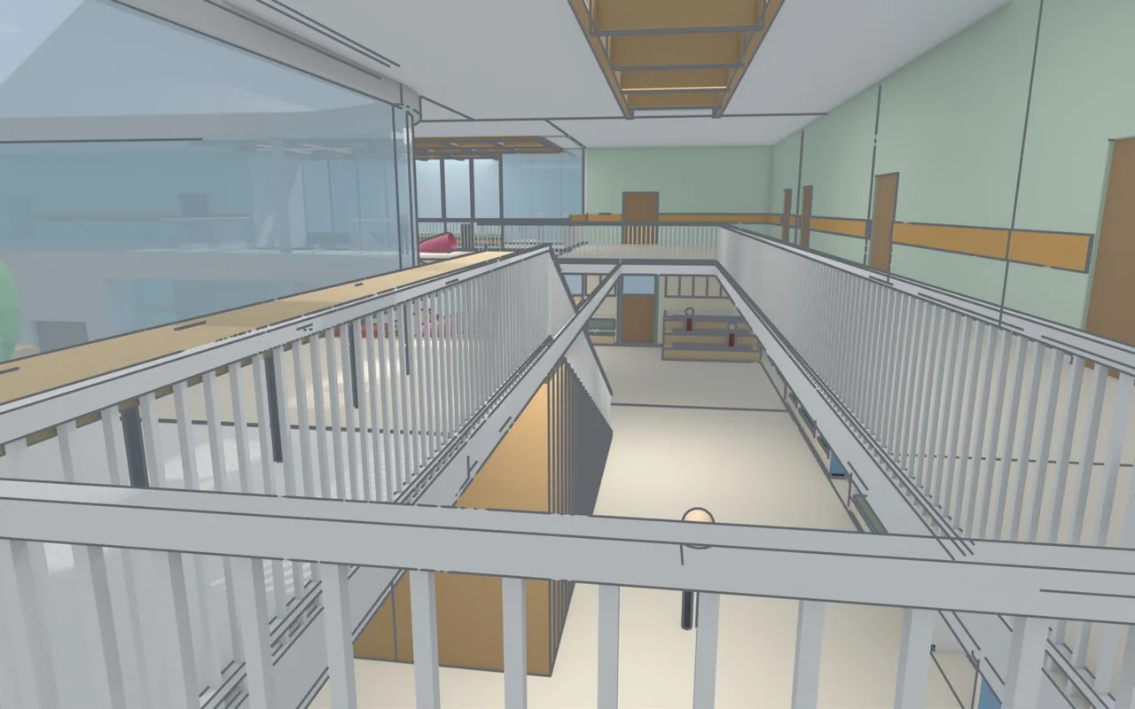 The same view: a gap two floors high, a bridge, tiered seating below