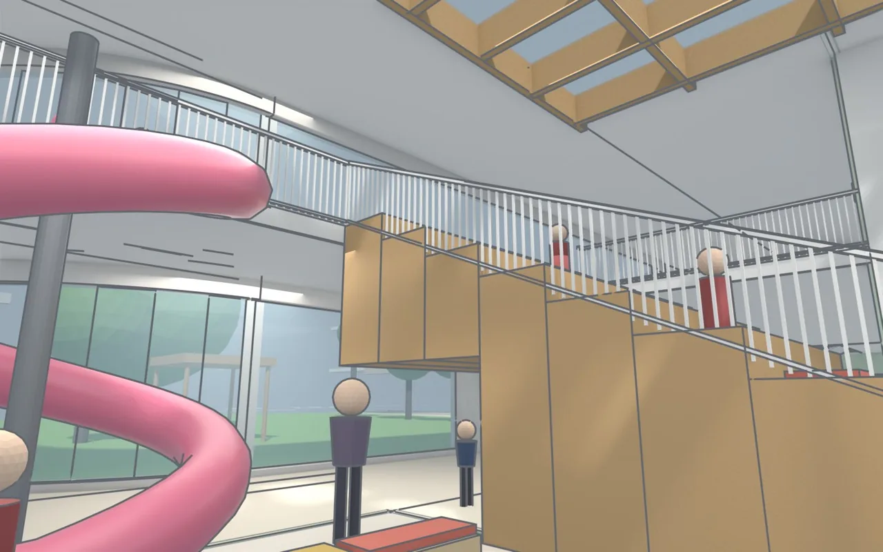 "After": a double-height hall, tiered seating up to the gallery, a slide from the second floor, a glass roof