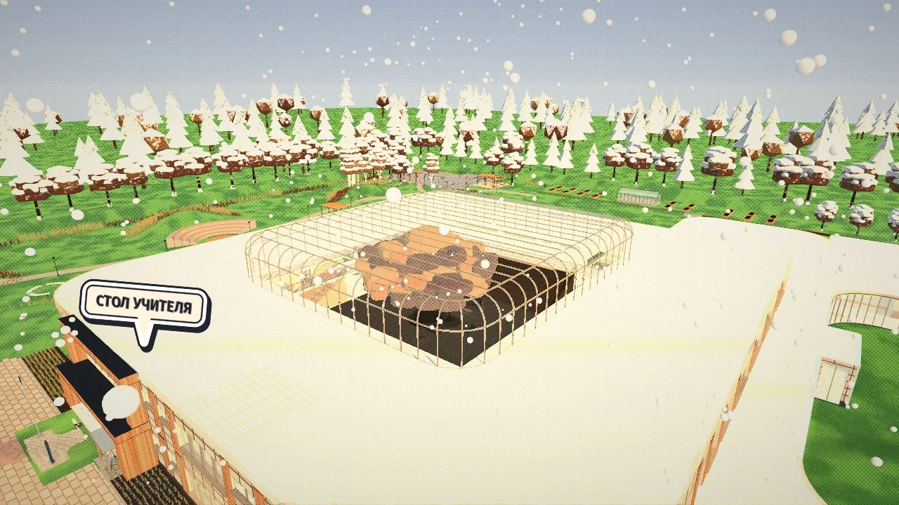 The covered courtyard from above: a glass skylight on the roof, the oak under it, snow around