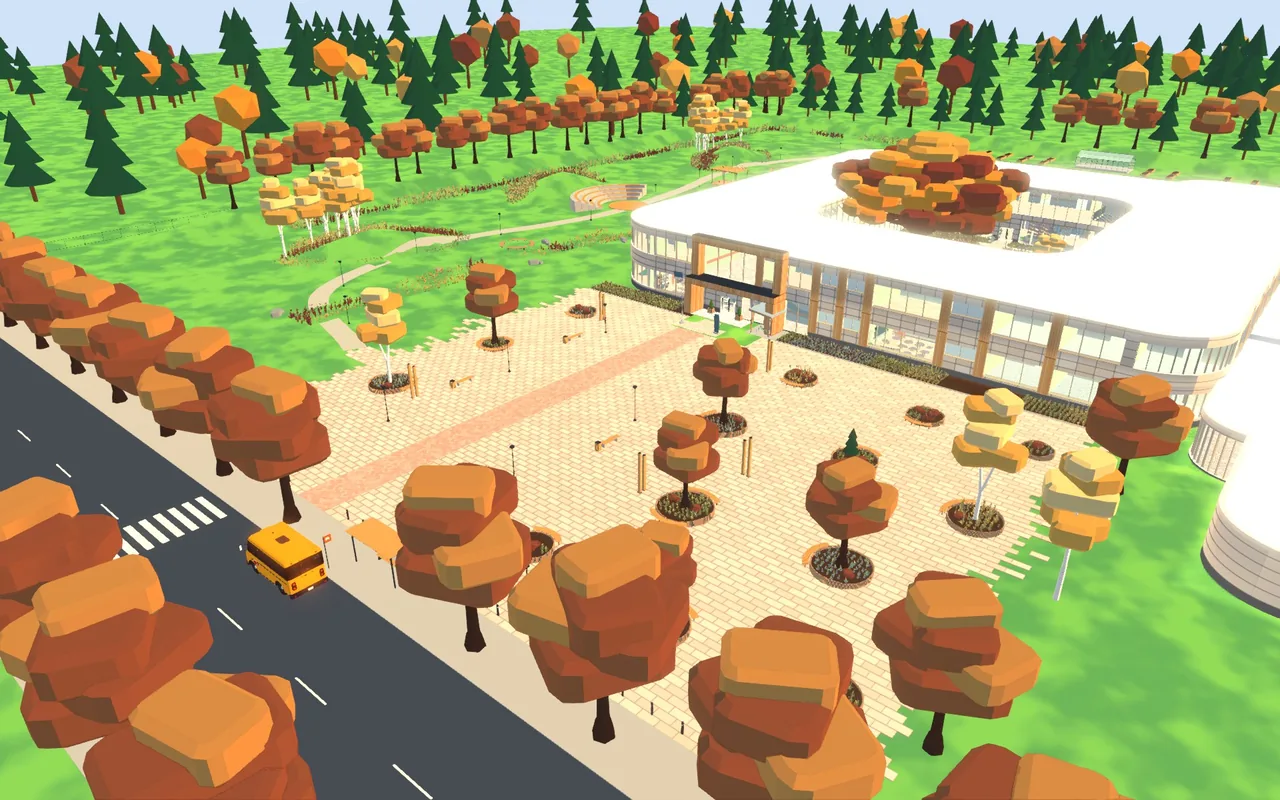 The entrance plaza: paving, round planting beds, a bus stop and a yellow bus