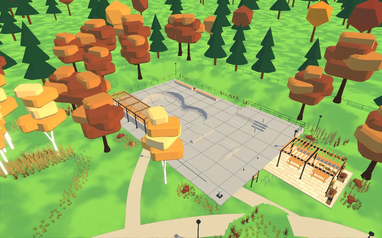The skate park: a two-lobed bowl, a run-up deck, pergolas