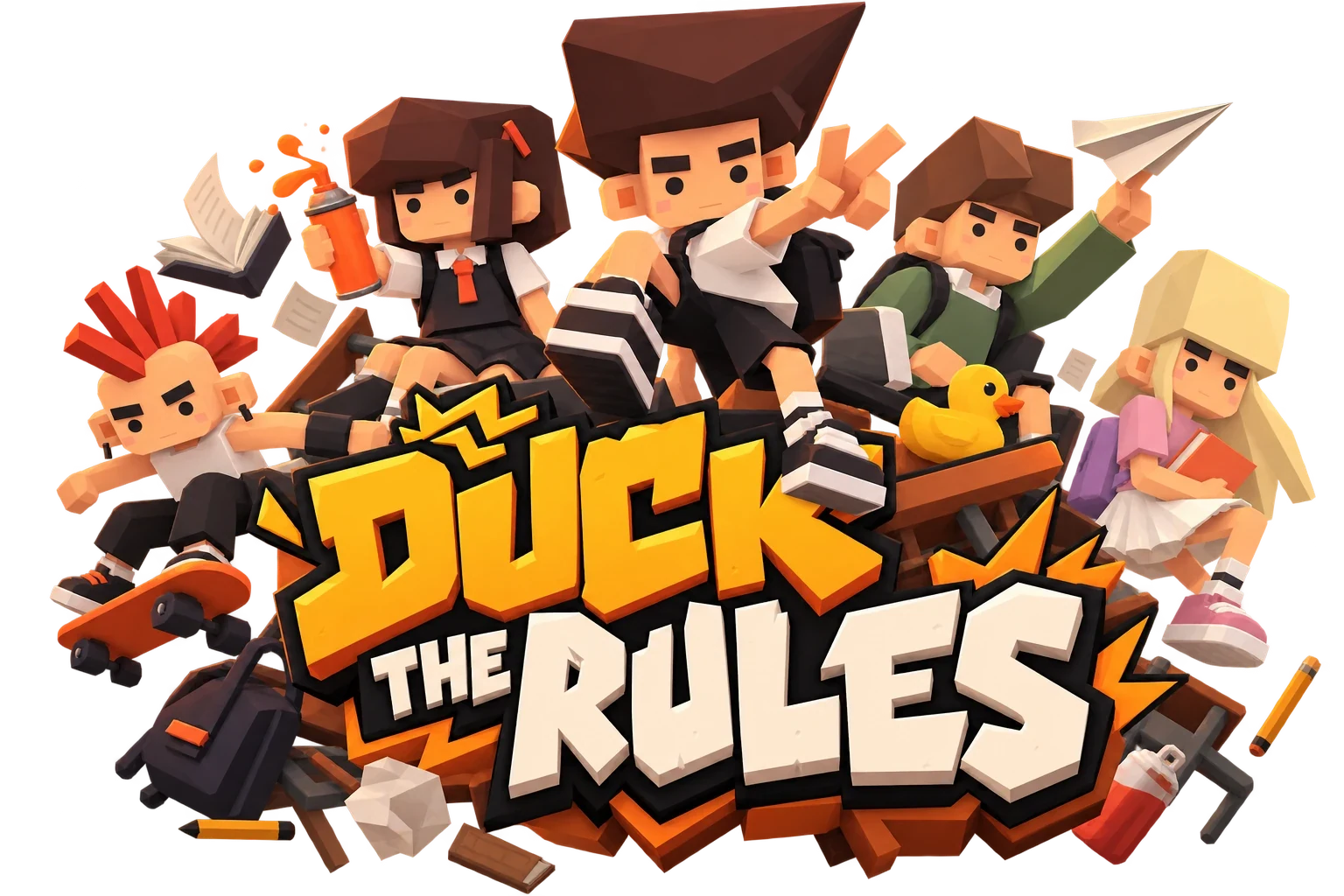 Duck the Rules logo: five blocky kids with a skateboard, a spray can and a paper plane, sitting on a pile of wrecked school desks next to a rubber duck